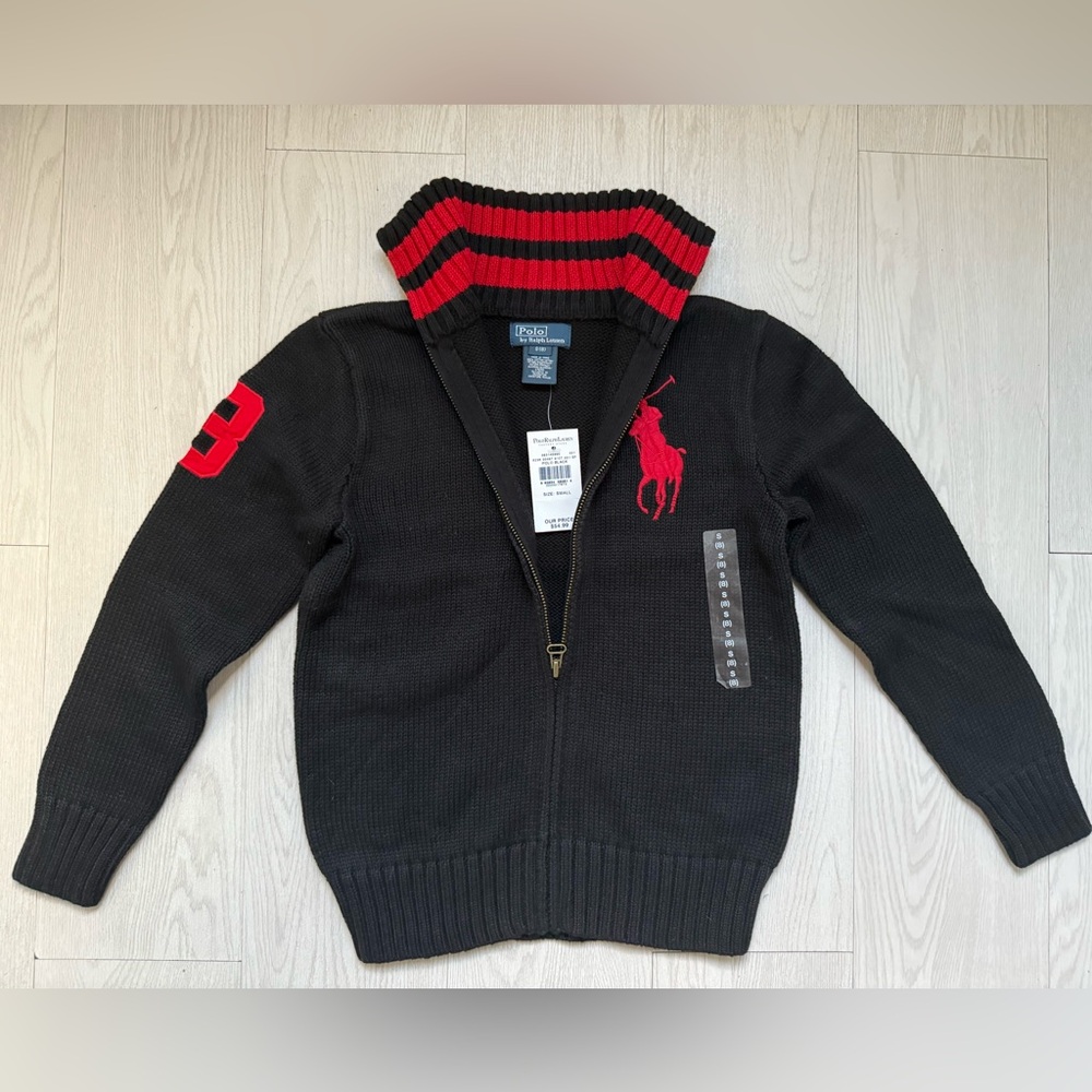 NEW! Polo Ralph Lauren Black & Red Full Zip Knit Sweater!Cardigan Jacket!TAGS! 8